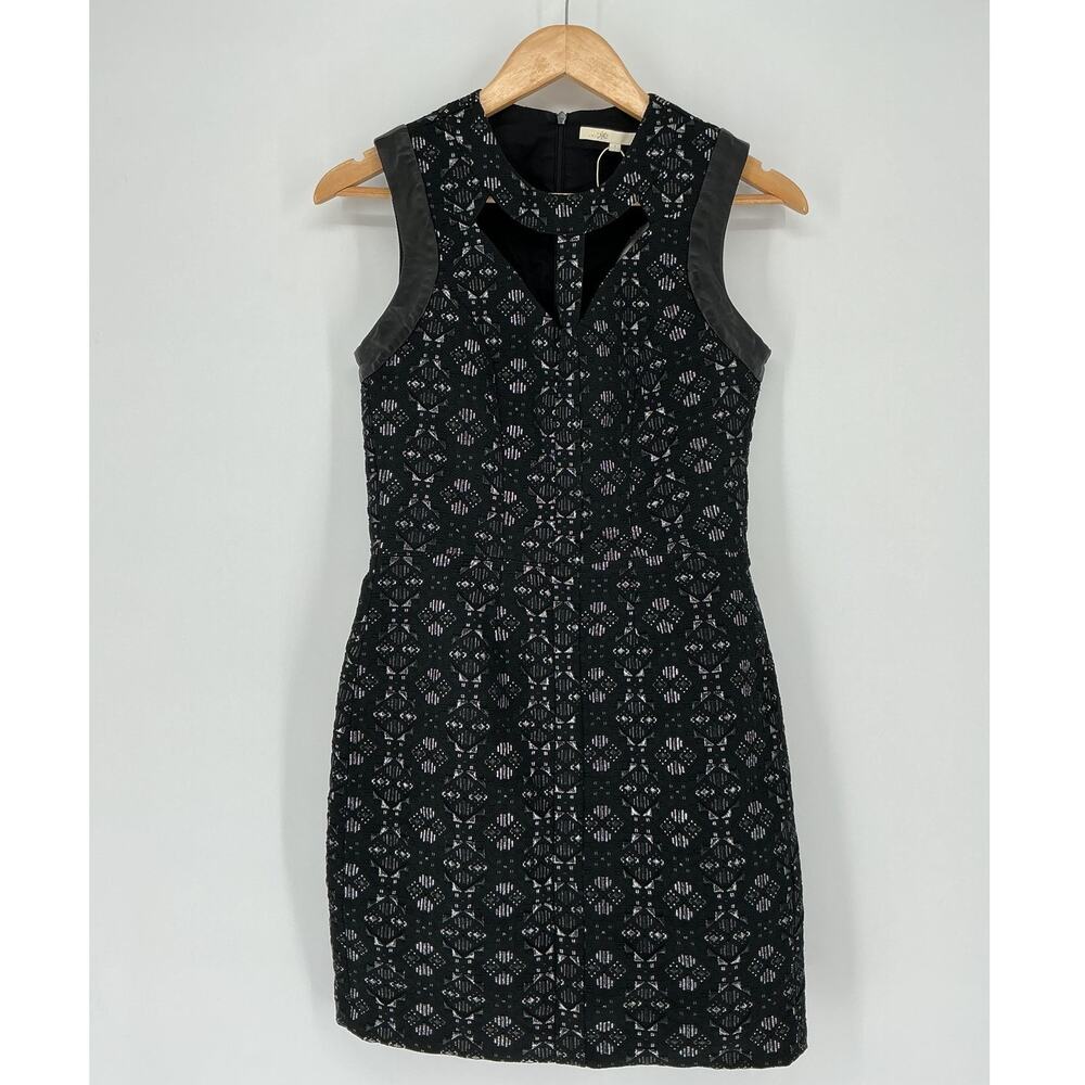 Maje Eclaircie Black Jacquard Mini Dress Sz 1 Lambskin Leather Cutout Metallic